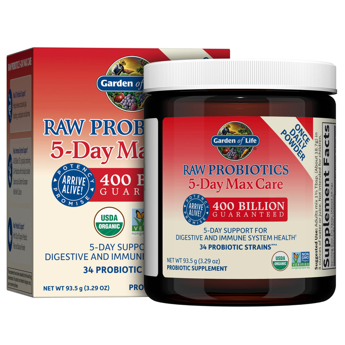 Garden of Life Raw Probiotics 5-Day Max Care tub shows 400B CFU potency for daily balance