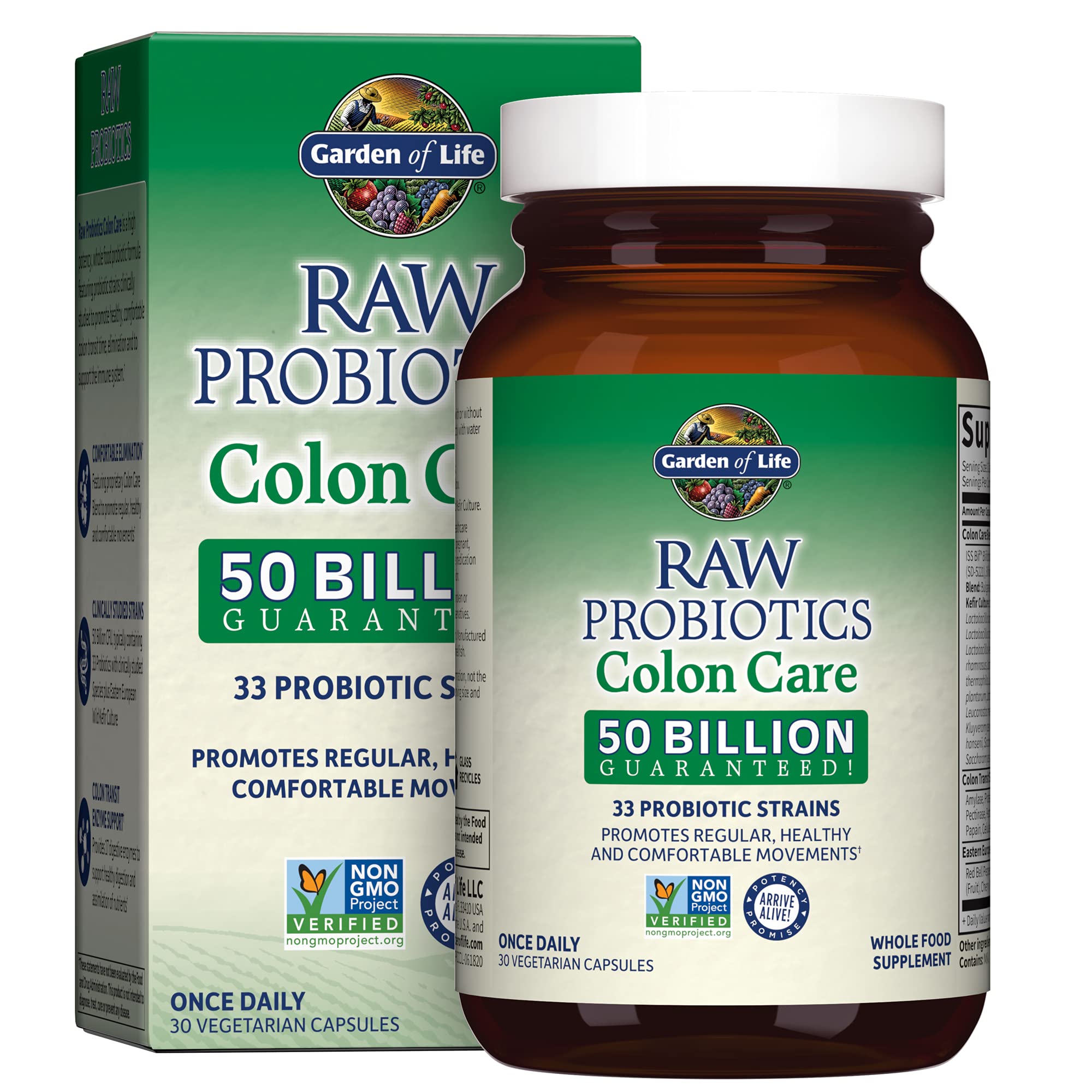 Garden of Life RAW Probiotics Colon Care bottle showing 50B CFU for daily balance.