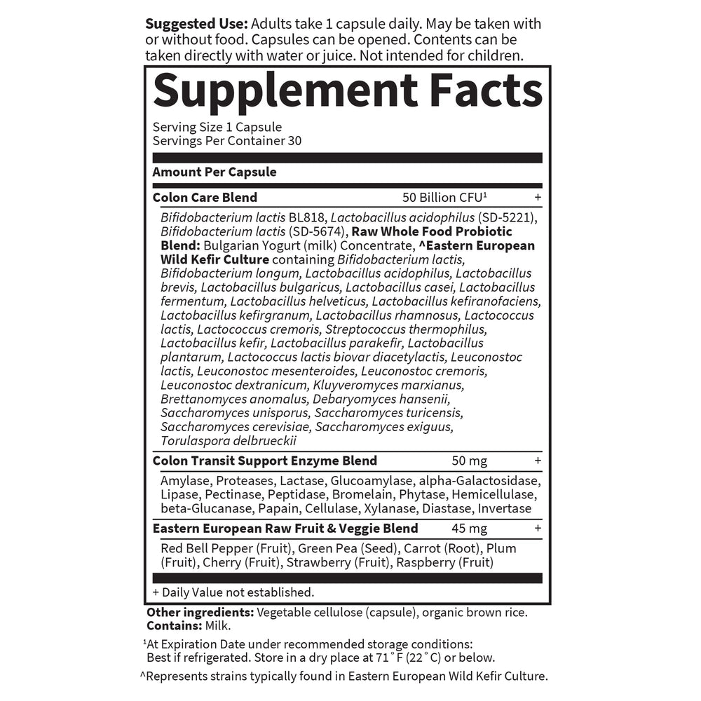 Garden of Life RAW Probiotics Colon Care capsules beside a glass of water for intake.