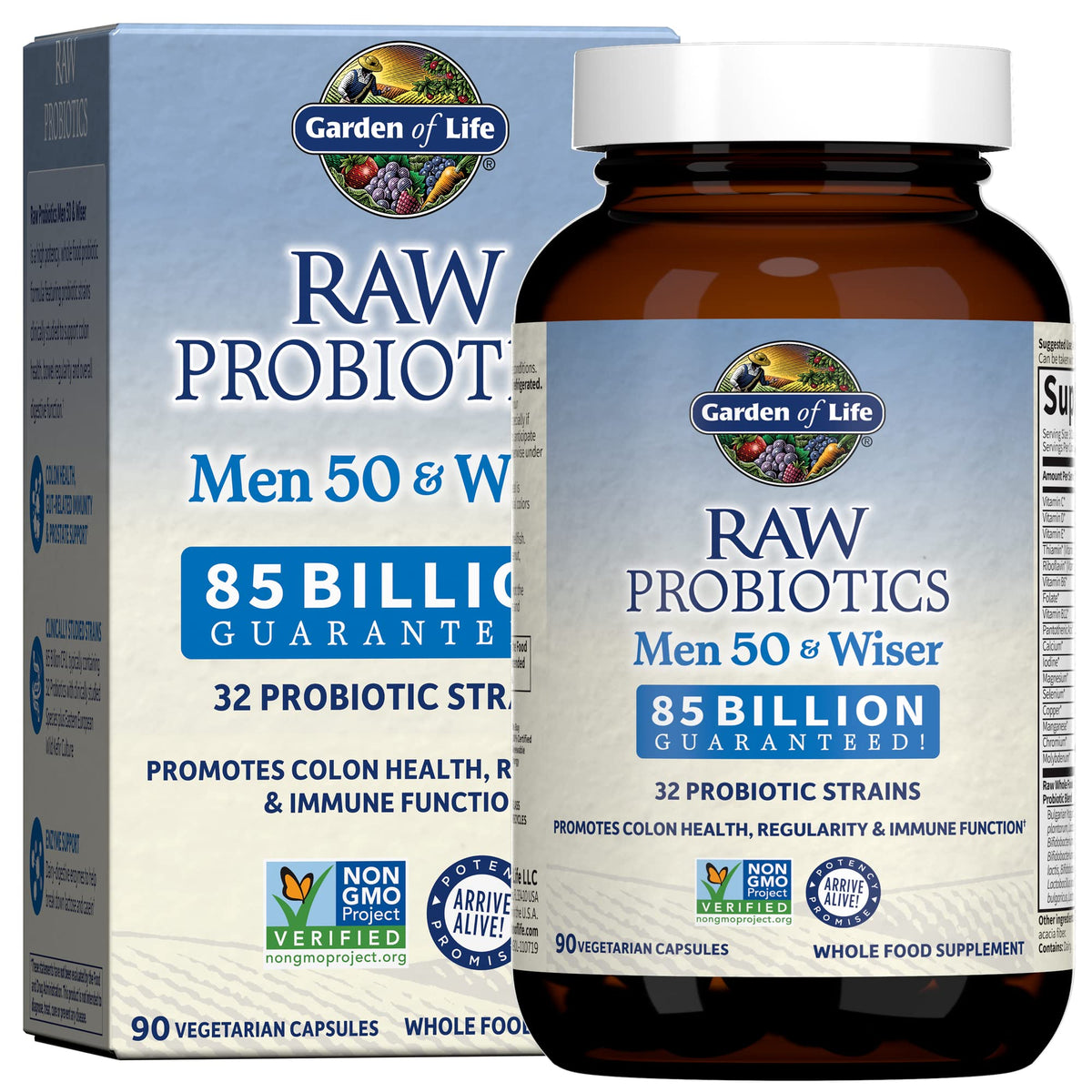 Garden of Life RAW Probiotics Men 50 & Wiser bottle, digestive support.