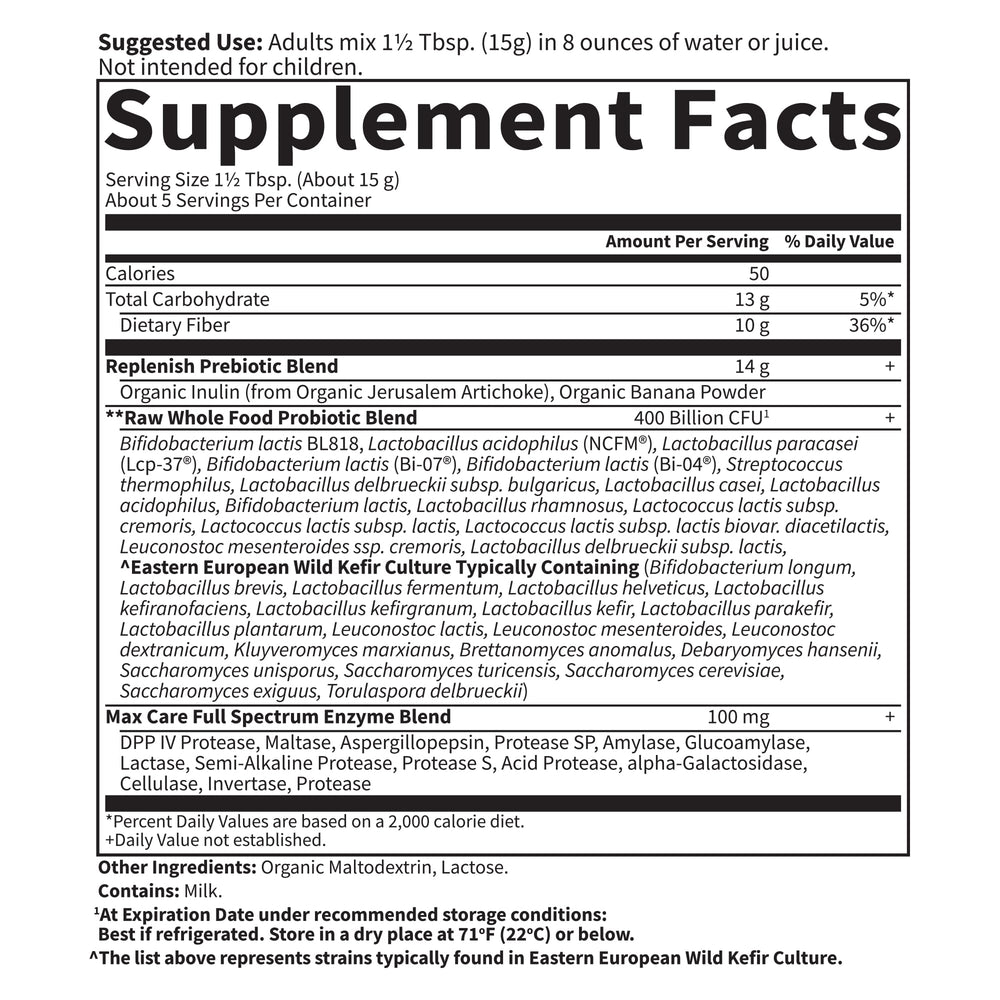 Prebiotic and enzyme graphics indicate gut-friendly digestion and balance