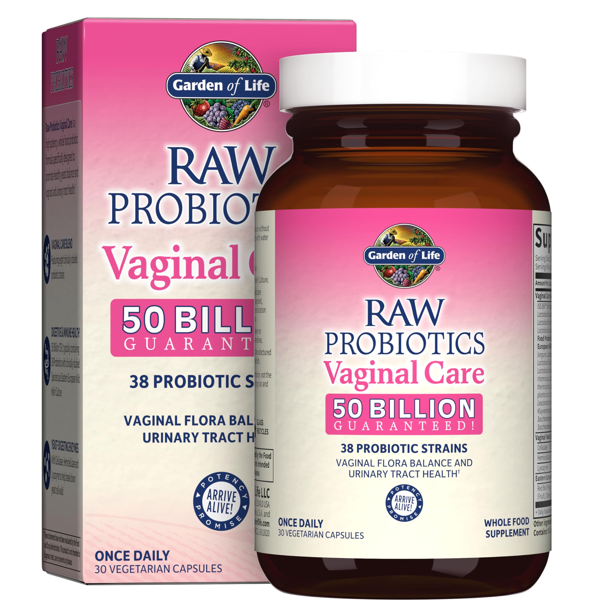 Garden of Life Raw Probiotics for Women bottle highlighting vaginal balance and urinary health.