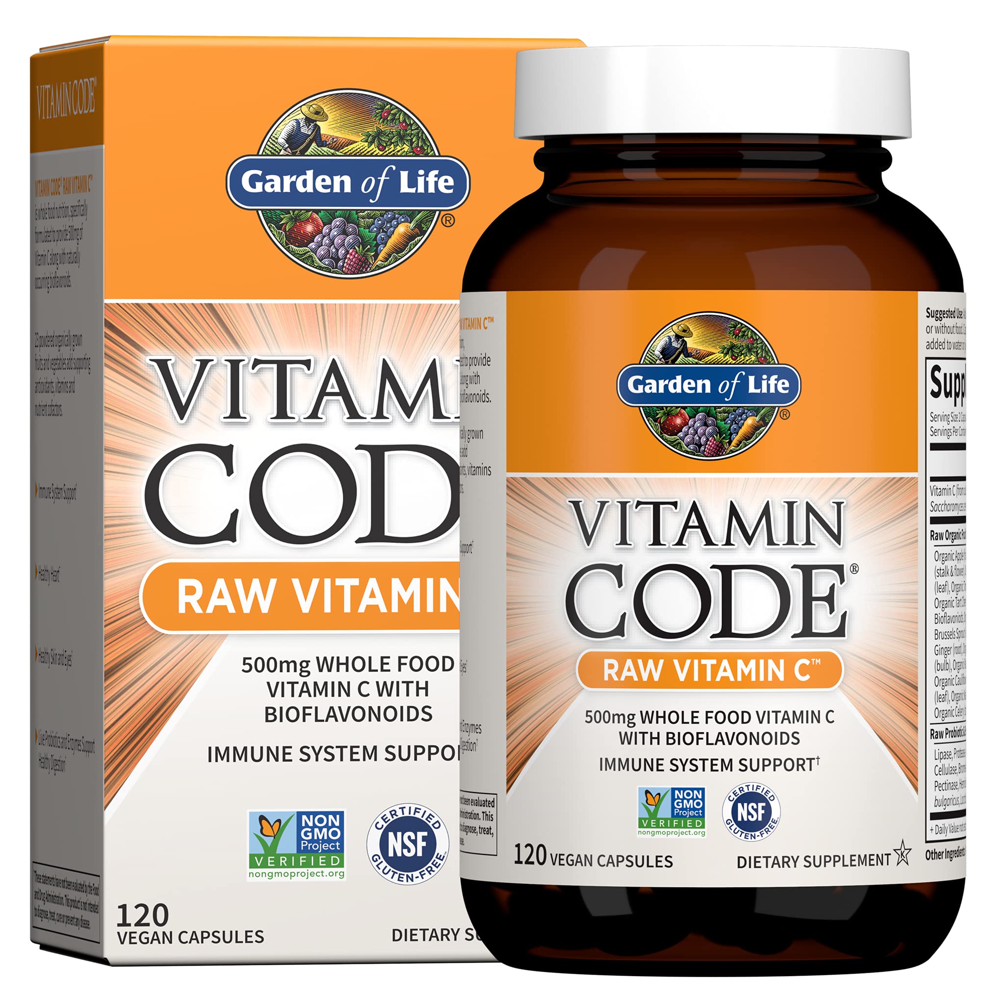 Garden of Life Vitamin Code Raw Vitamin C bottle front shows 500 mg per serving