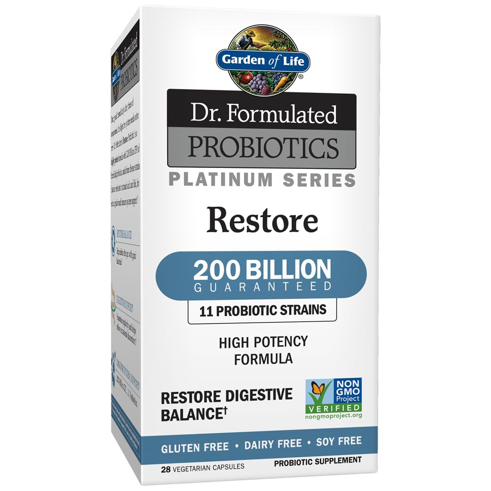 Garden of Life Restore bottle shows 200 billion CFU potency for gut balance.