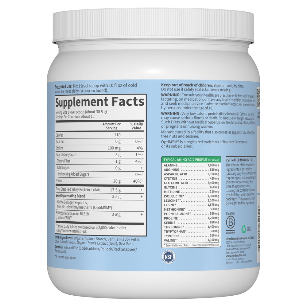 Ingredients panel emphasizes grass-fed whey and complete amino profile