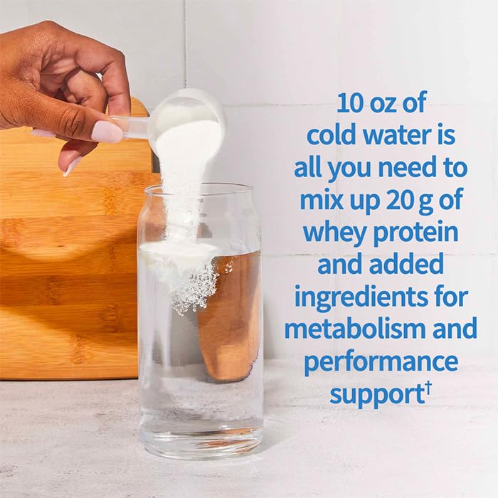 Vanilla whey protein scoop beside the tub for convenient daily serving
