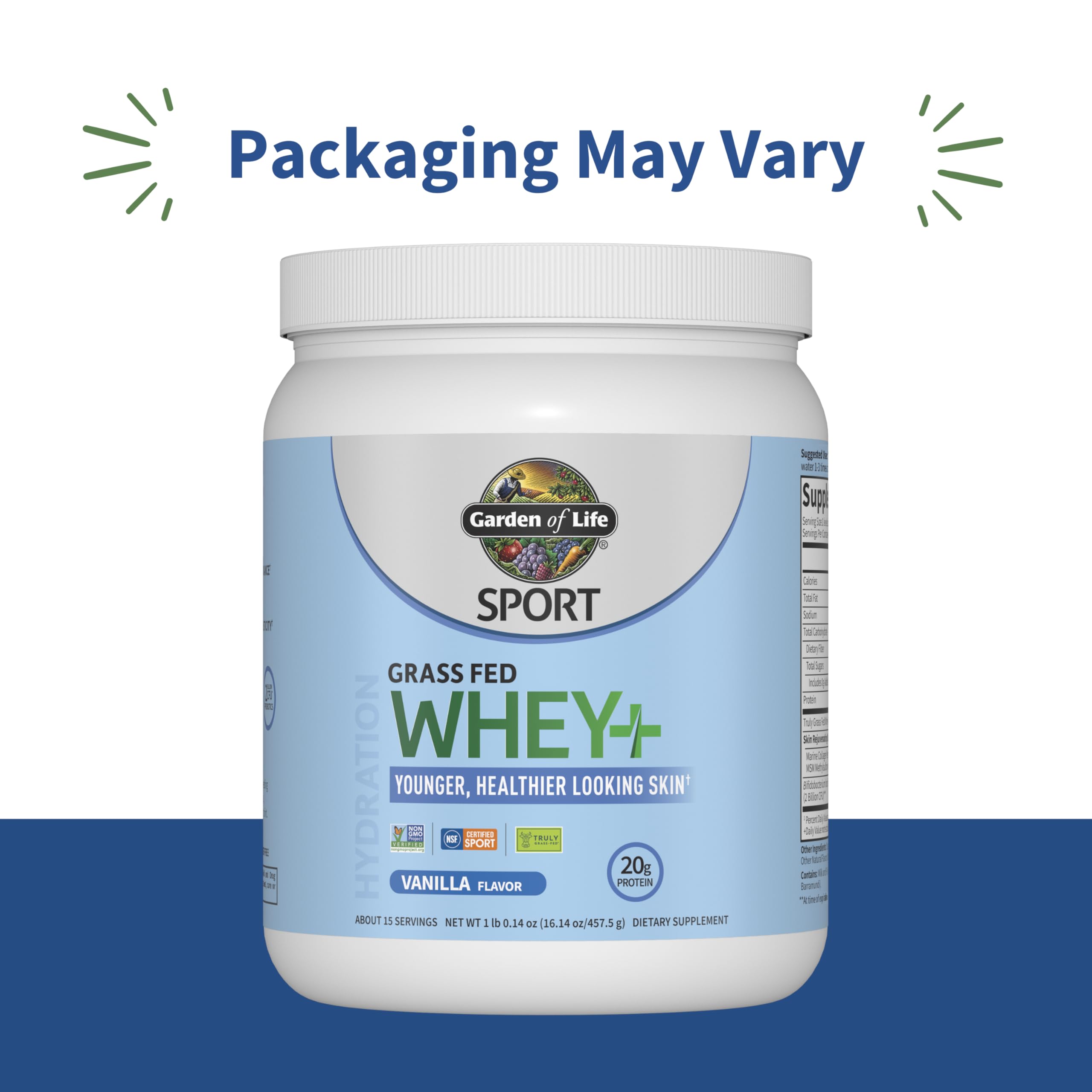 Garden of Life SPORT Whey Vanilla tub back view with supplement facts and ingredients