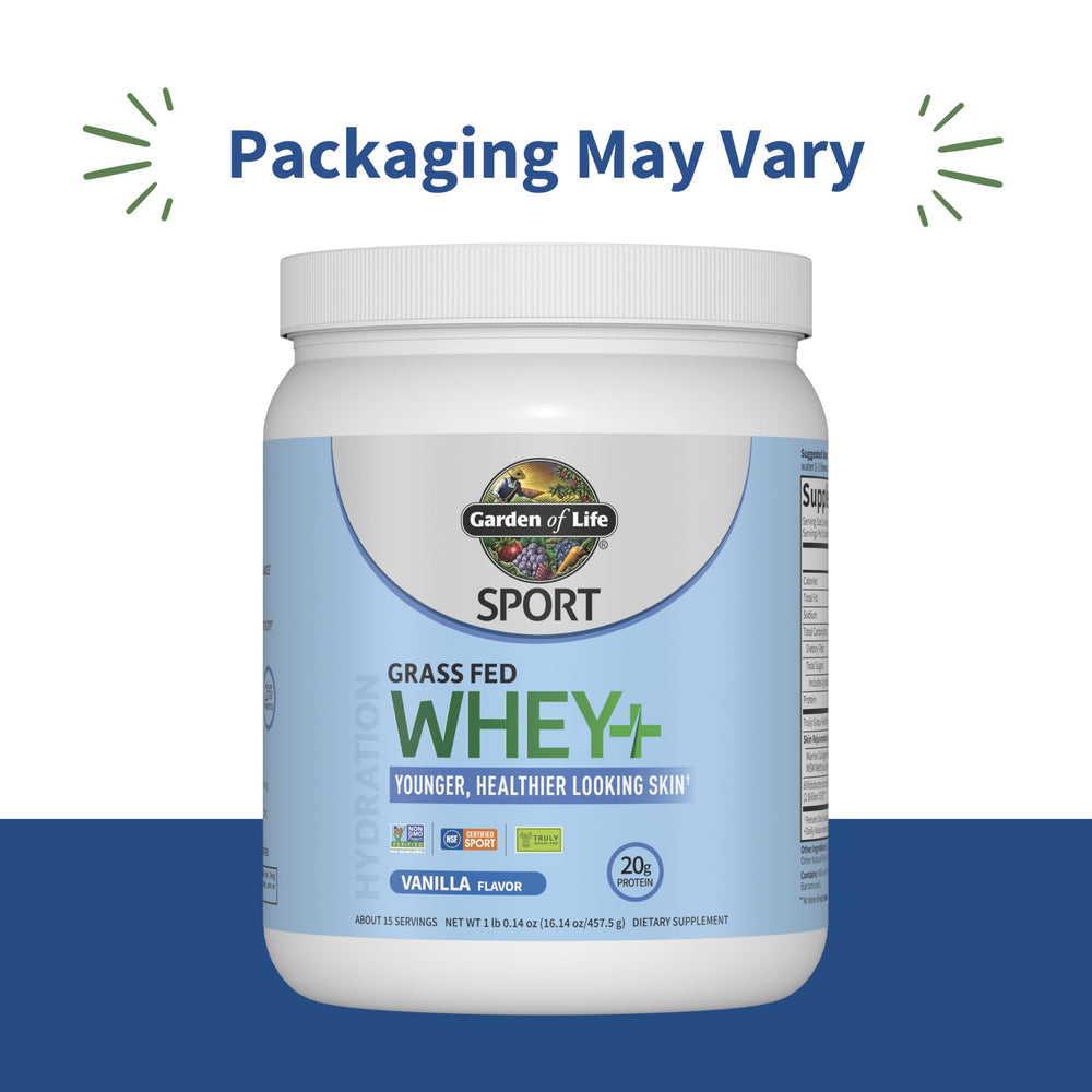 Garden of Life SPORT Whey Vanilla tub back view with supplement facts and ingredients