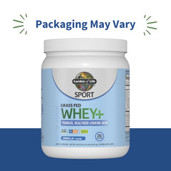 Garden of Life SPORT Whey Vanilla tub back view with supplement facts and ingredients