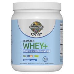 Garden of Life SPORT Whey Vanilla tub front view highlighting high-protein grass-fed formula