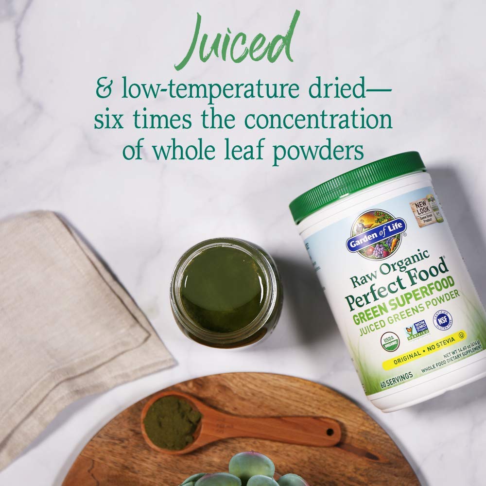 Close-up of Garden of Life Super Greens powder highlighting raw greens