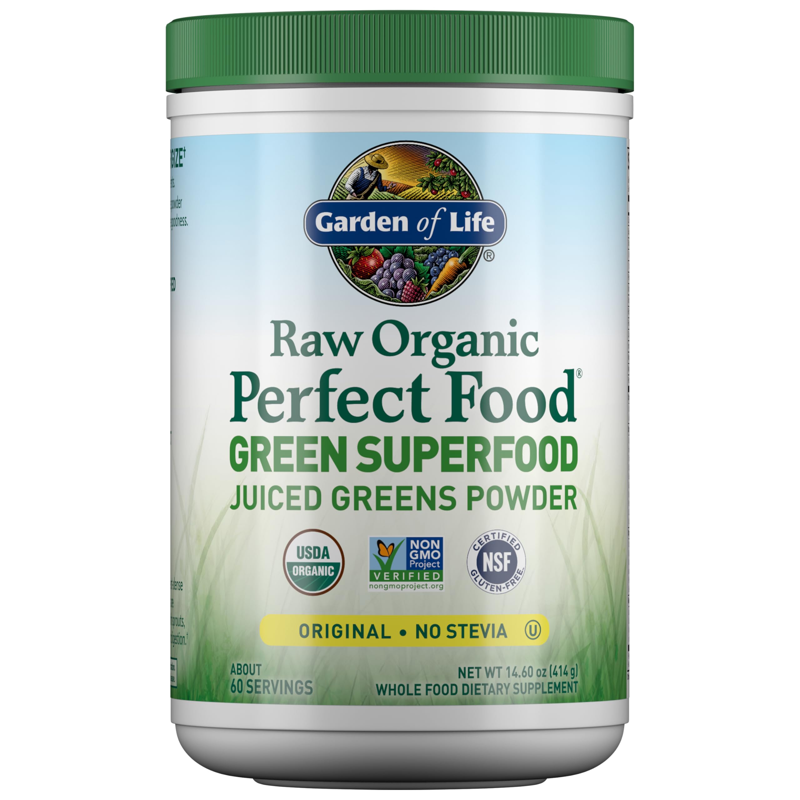 Garden of Life Super Greens powder bottle shows organic greens for daily energy