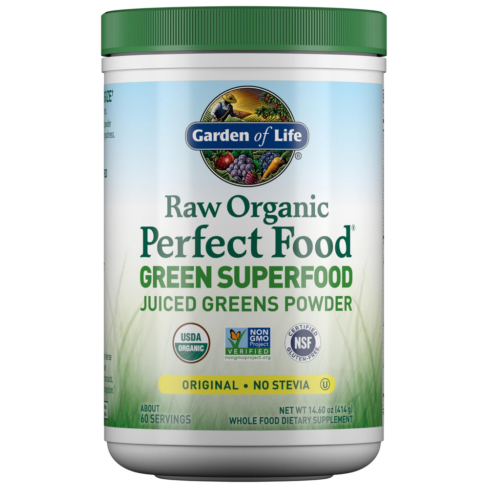 Garden of Life Super Greens powder bottle shows organic greens for daily energy