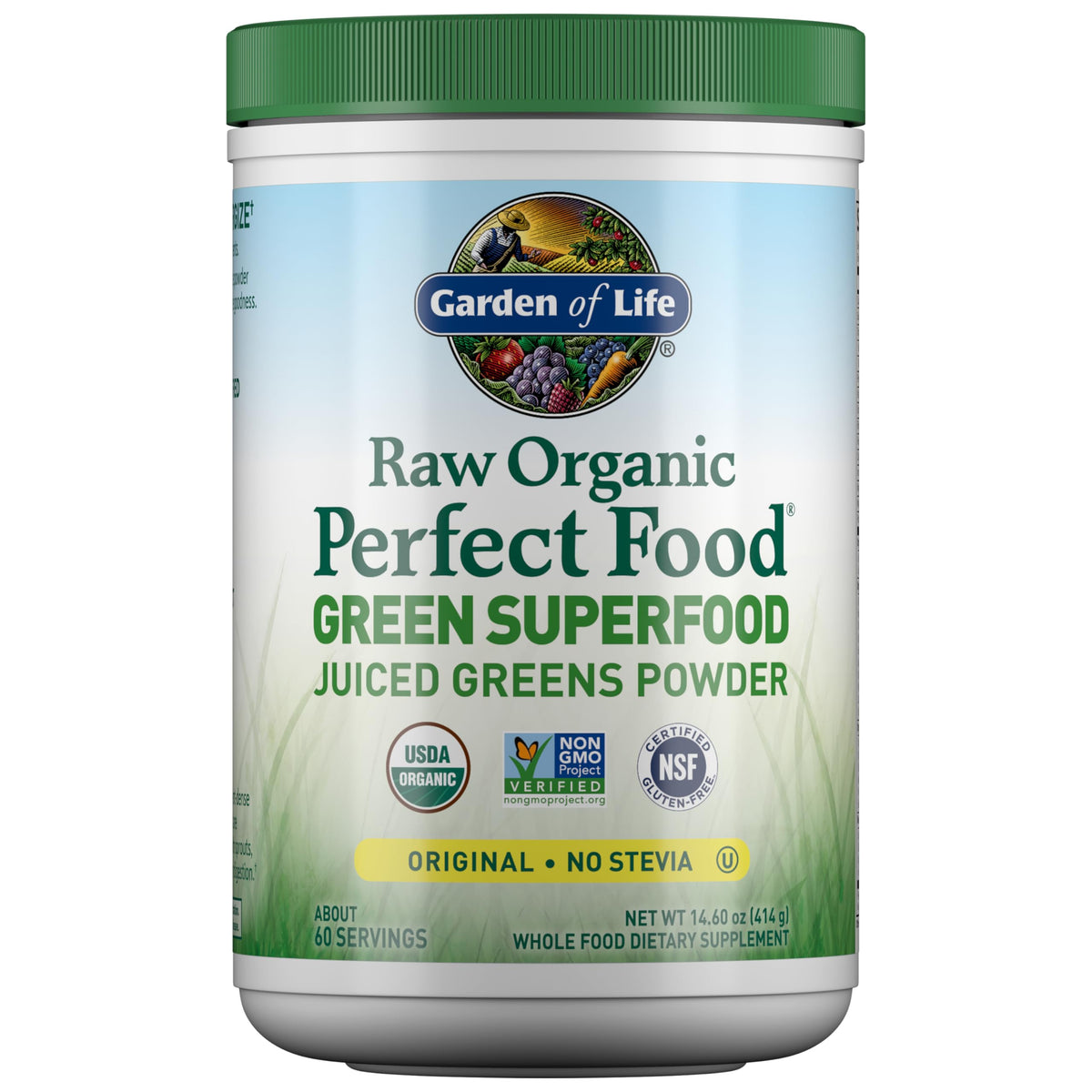 Garden of Life Super Greens powder bottle shows organic greens for daily energy