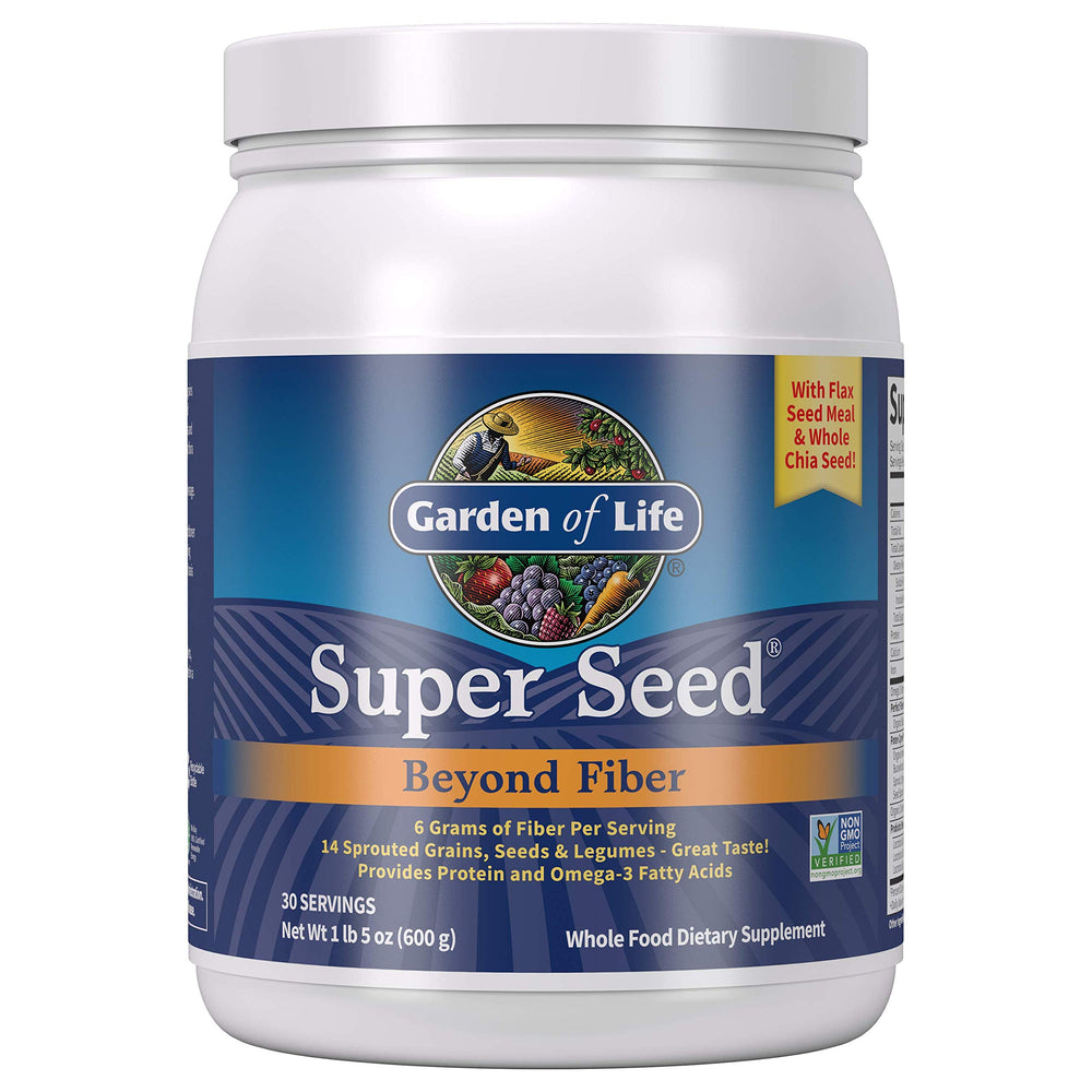 Garden of Life Super Seed bottle front view showing a fiber-rich, plant-based formula.