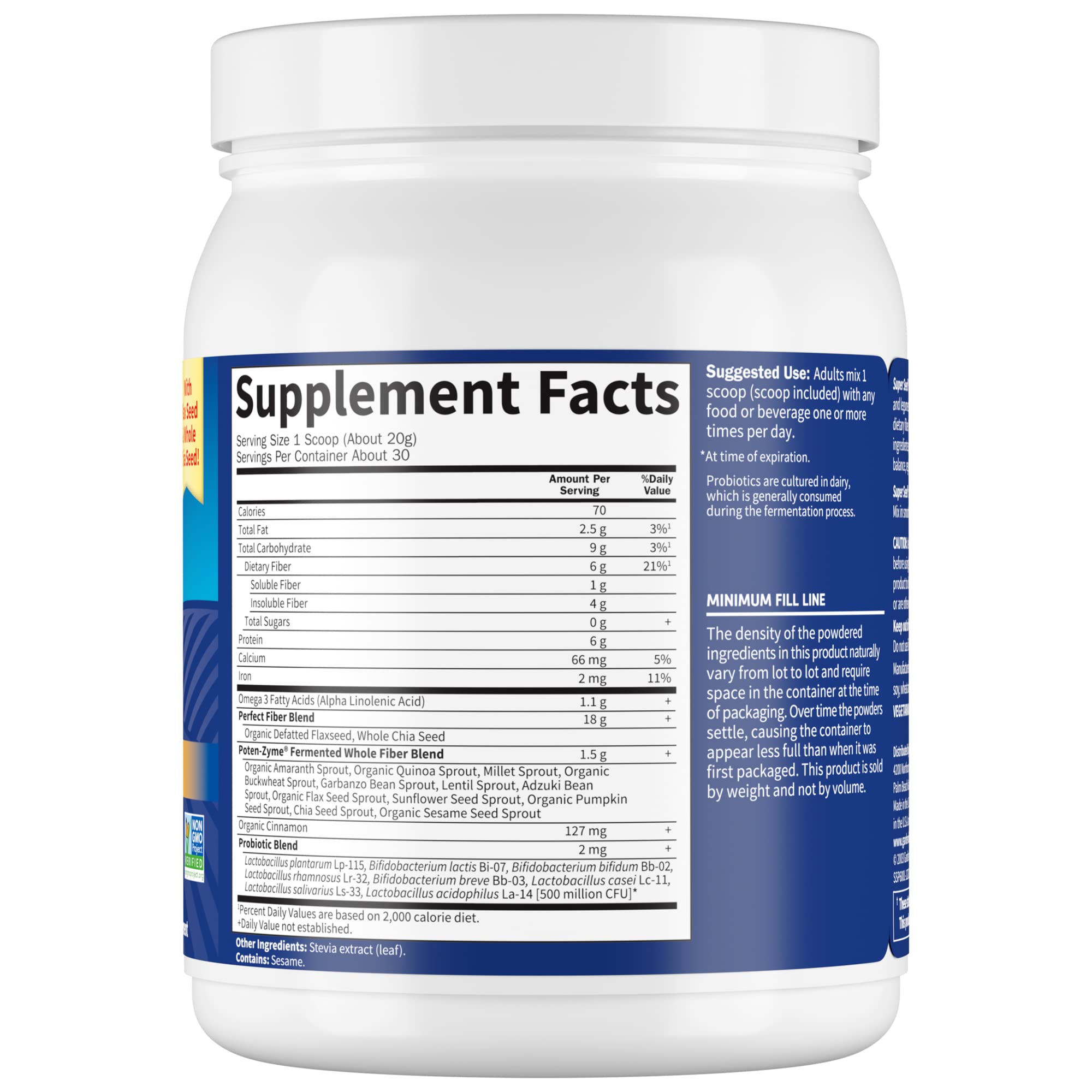 Garden of Life Super Seed powder poured into a glass for fiber-rich smoothies.