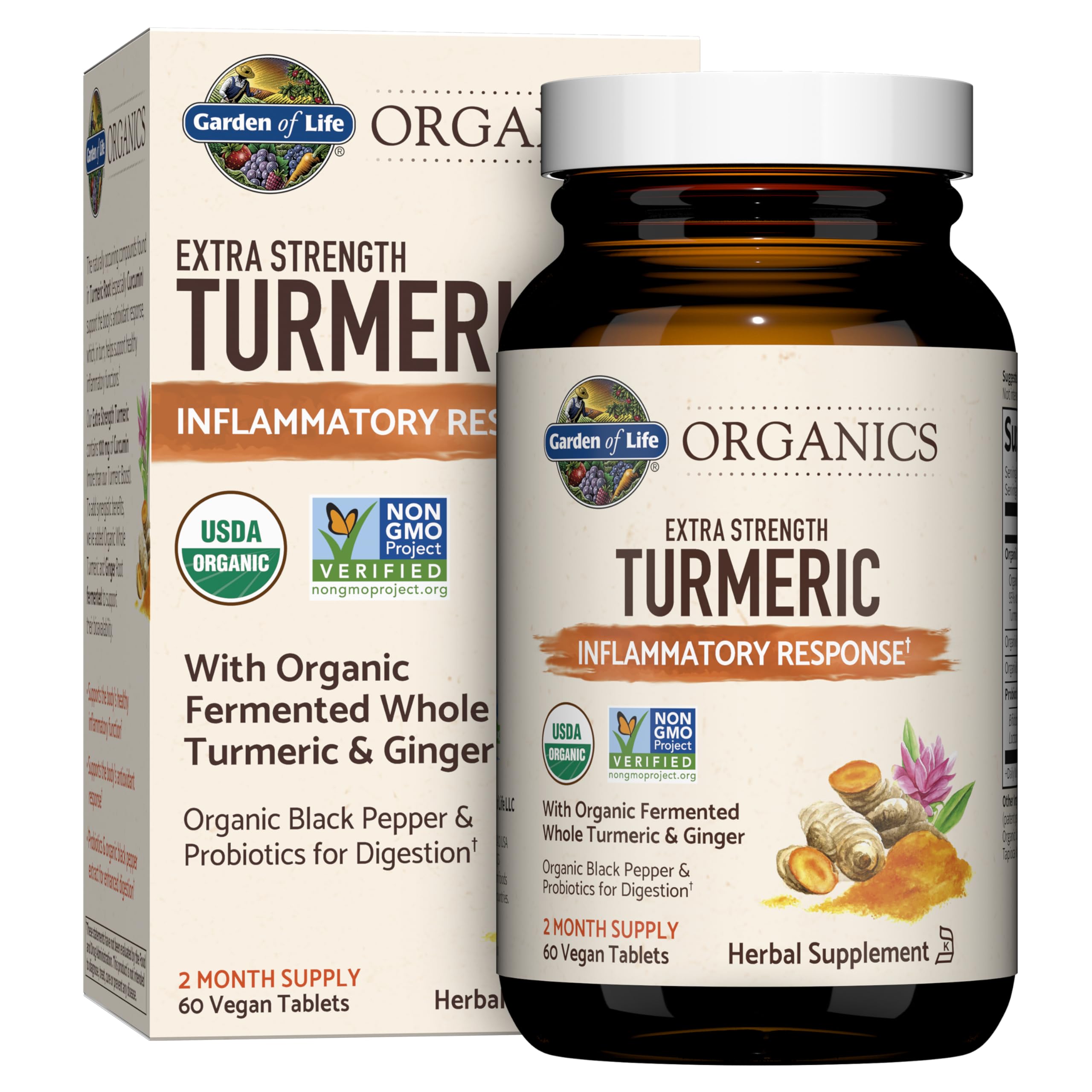 Garden of Life Organics Extra Strength Turmeric bottle front shows organic ingredients and antioxidant potential