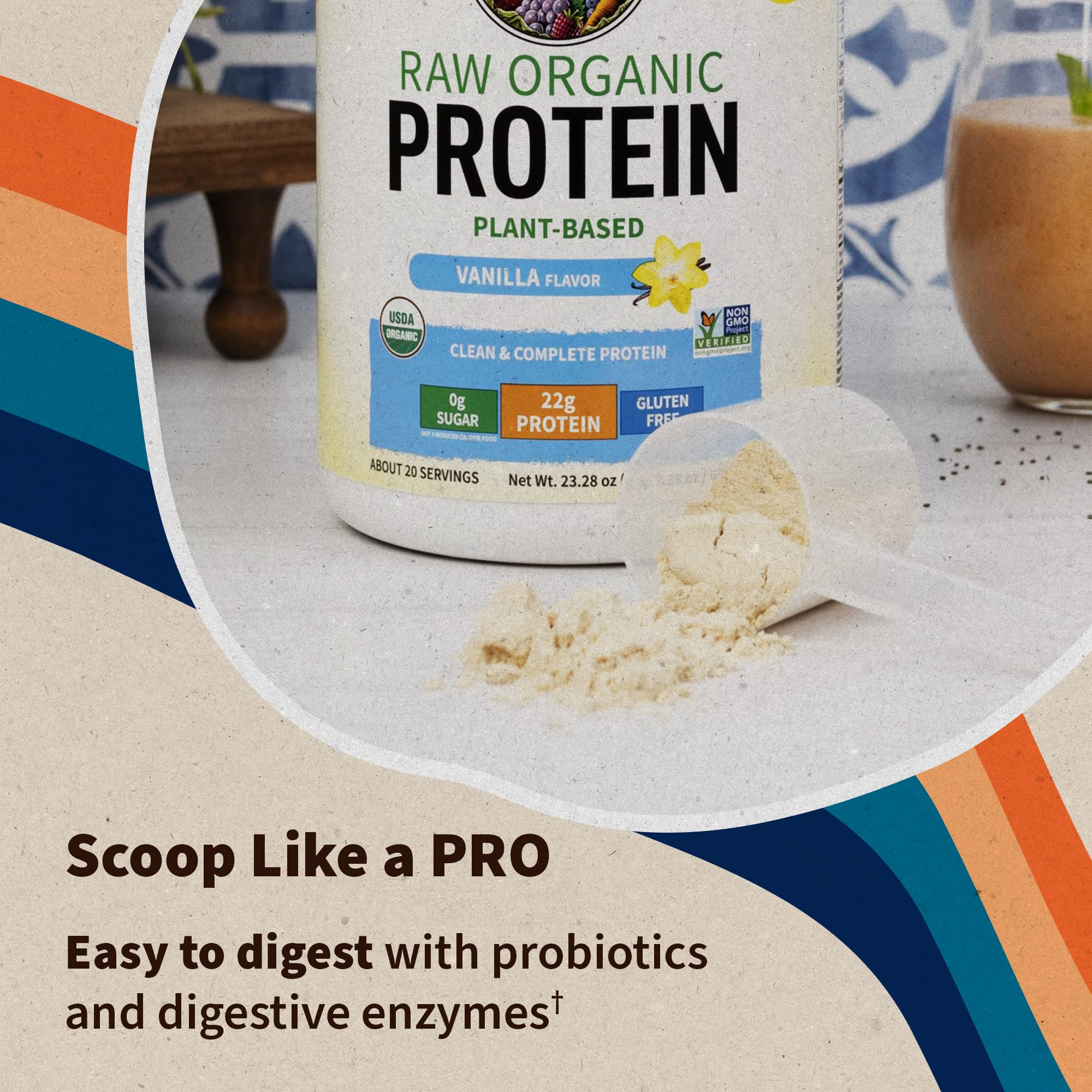 Garden of Life vanilla protein mix in blender for smoothies and bowls.