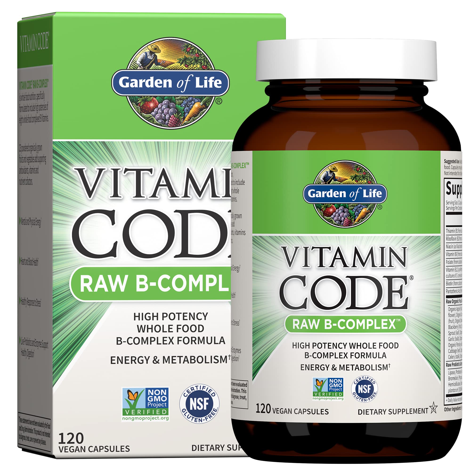 Garden of Life Vitamin B Complex bottle front, vegan capsules for energy support.
