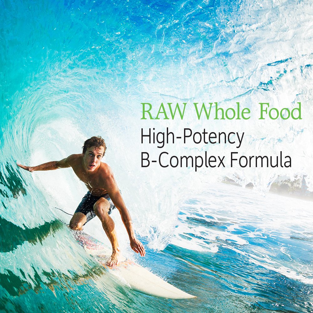 Garden of Life Vitamin B Complex bottle on kitchen counter, suitable for daily use.