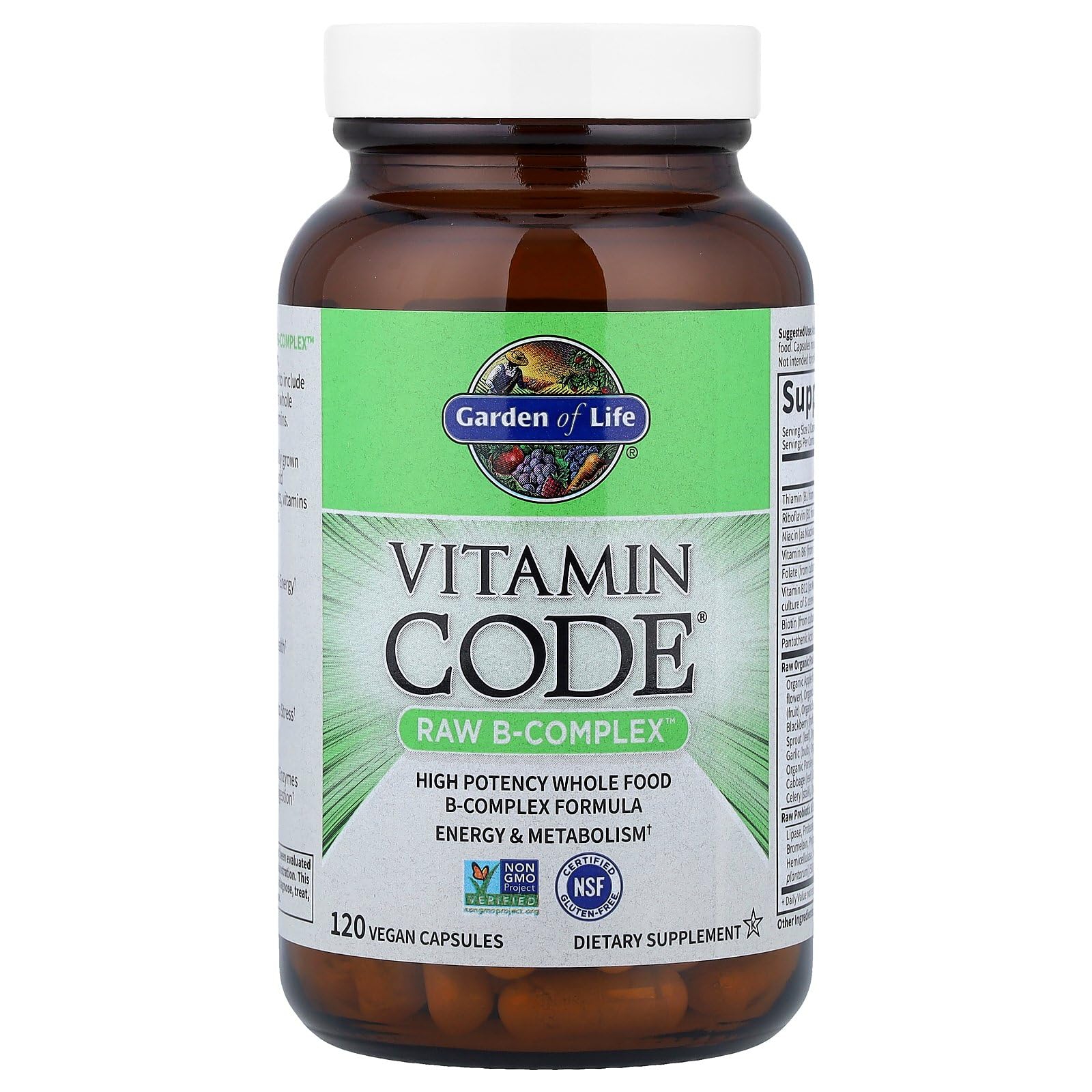 Garden of Life Vitamin B Complex bottle label, natural folate sources highlighted.