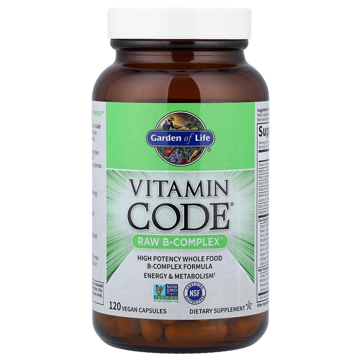 Garden of Life Vitamin B Complex bottle label, natural folate sources highlighted.