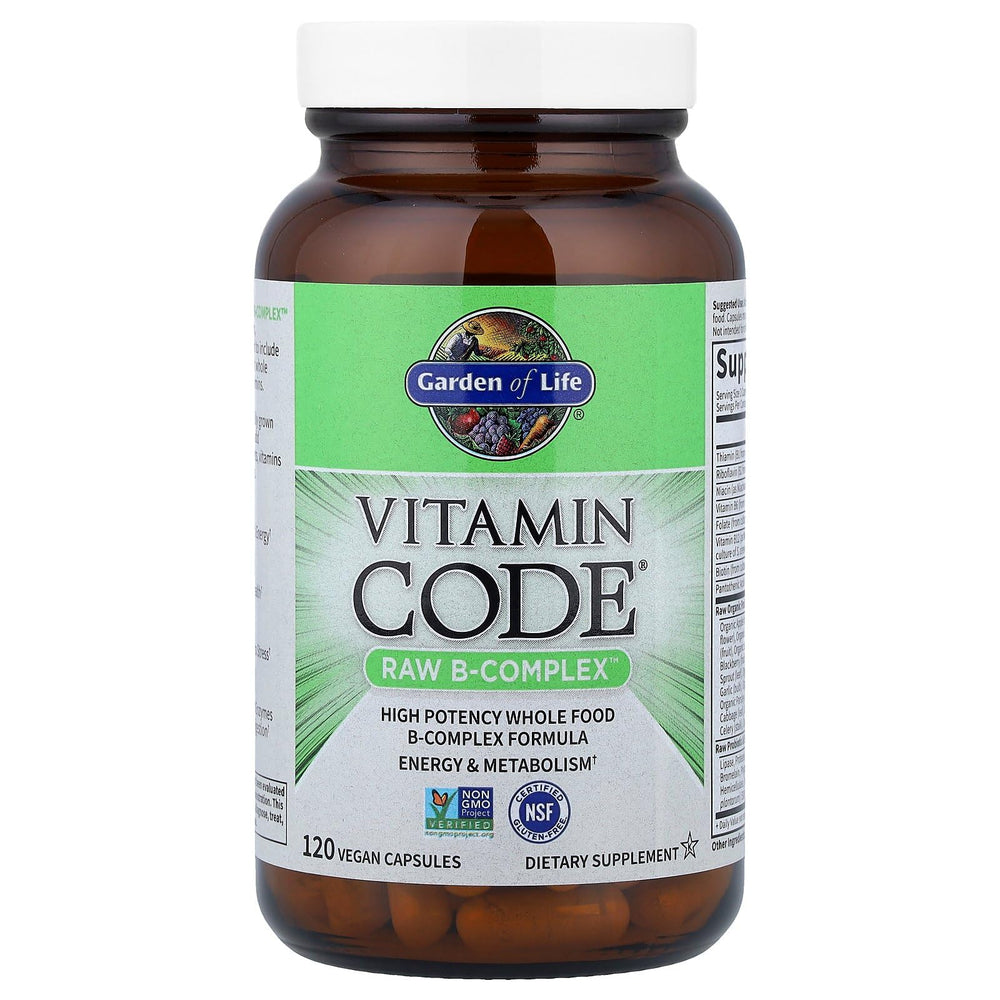 Garden of Life Vitamin B Complex bottle label, natural folate sources highlighted.