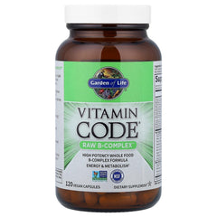 Garden of Life Vitamin B Complex bottle label, natural folate sources highlighted.
