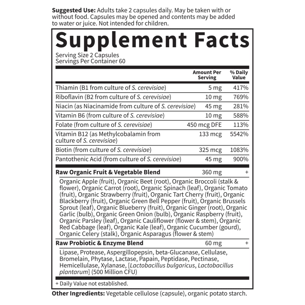Garden of Life Vitamin B Complex vegan capsules, non-GMO and kosher icons visible.
