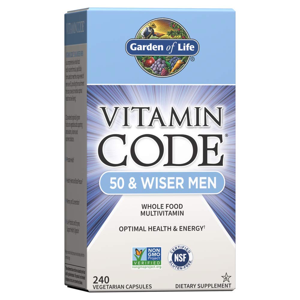 Garden of Life Vitamin Code 50 & Wiser bottle shows whole-food nutrition for men over 50