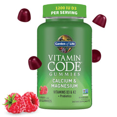 Garden of Life Vitamin Code calcium magnesium gummies bottle shows raspberry flavor signaling bone support.