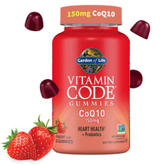 Garden of Life Vitamin Code CoQ10 Gummies bottle with strawberry flavor for heart support.