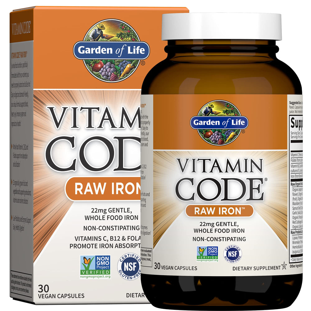 Garden of Life Vitamin Code Raw Iron bottle on kitchen counter, gentle whole-food iron