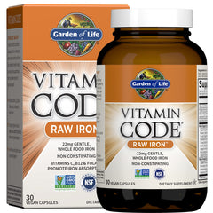 Garden of Life Vitamin Code Raw Iron bottle on kitchen counter, gentle whole-food iron