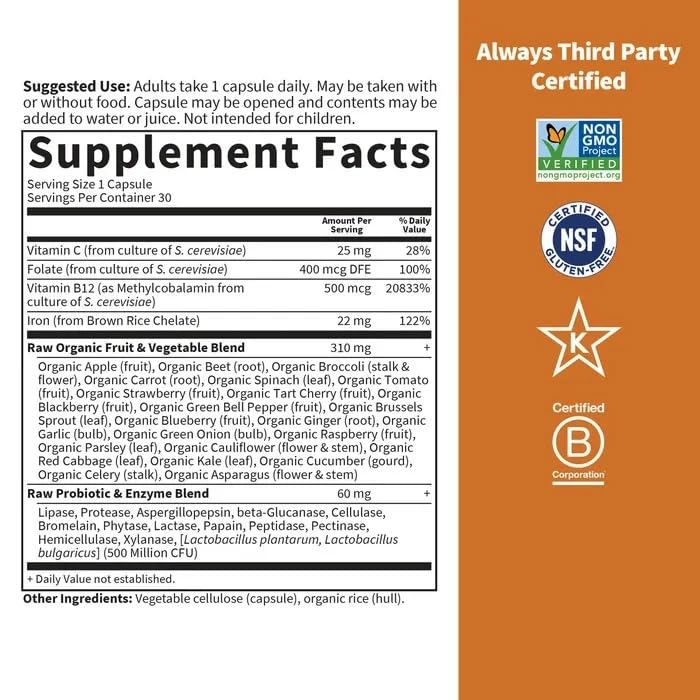 Garden of Life Vitamin Code Raw Iron graphic shows 23 RAW ingredients for cofactors