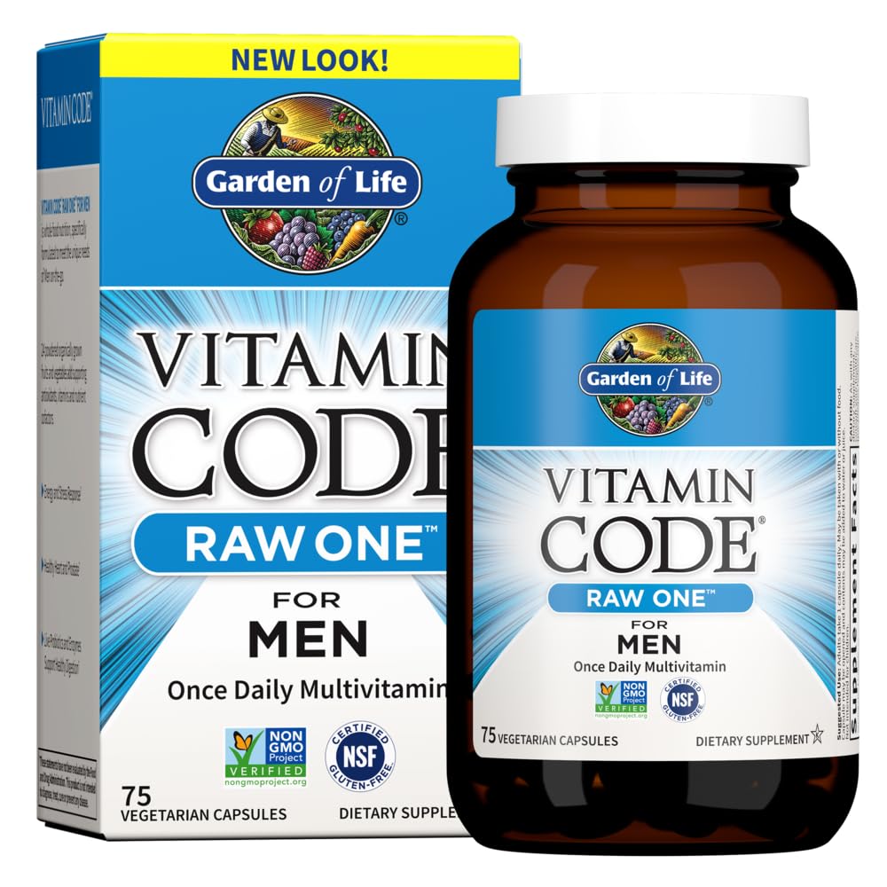 Garden of Life Vitamin Code RAW ONE for Men bottle front, on-the-go daily nutrition.