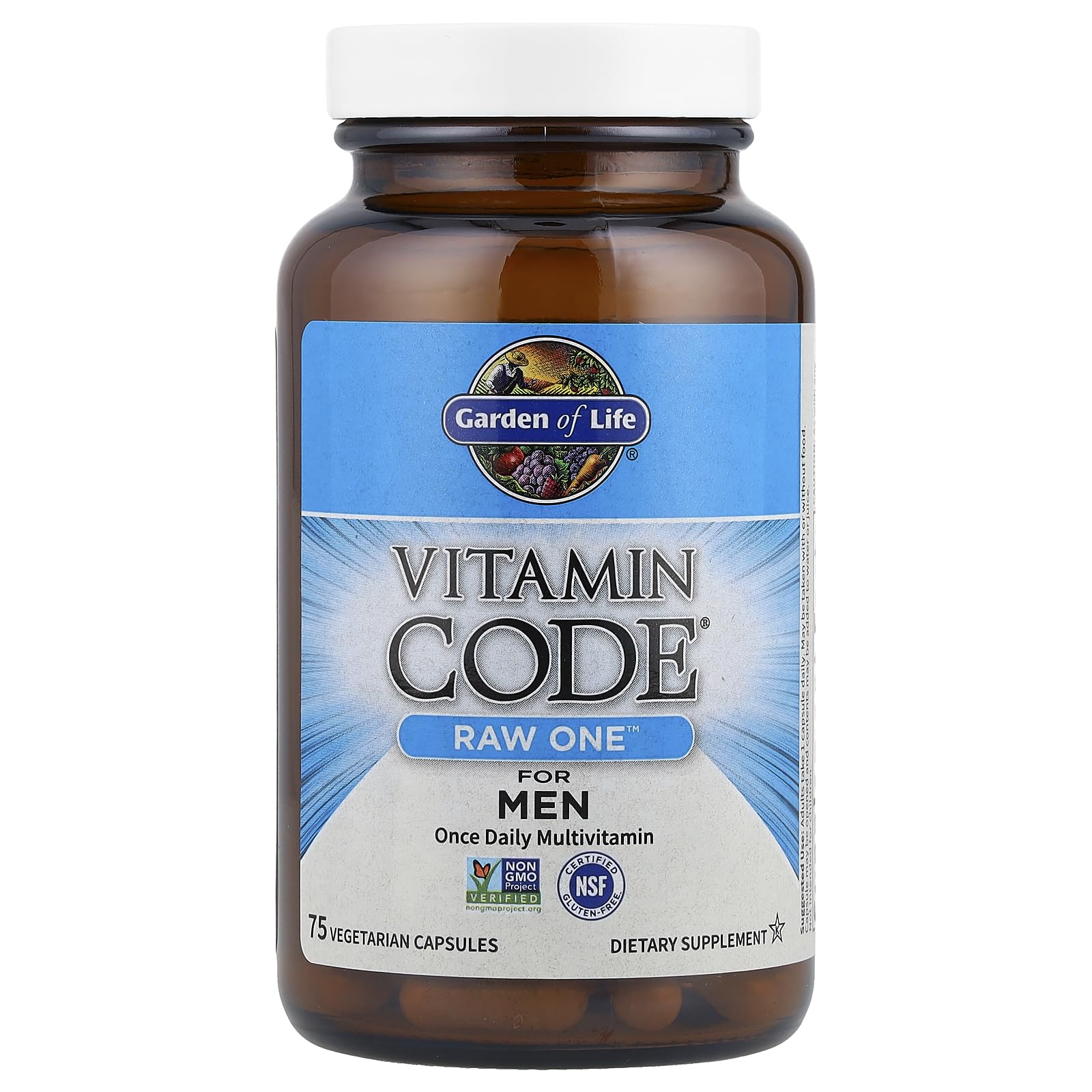 Garden of Life Vitamin Code RAW ONE for Men label detail, full-spectrum vitamins and minerals.