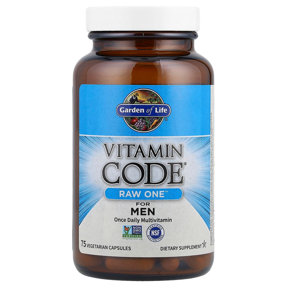 Garden of Life Vitamin Code RAW ONE for Men label detail, full-spectrum vitamins and minerals.