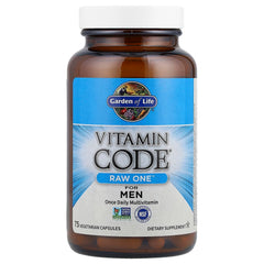 Garden of Life Vitamin Code RAW ONE for Men label detail, full-spectrum vitamins and minerals.