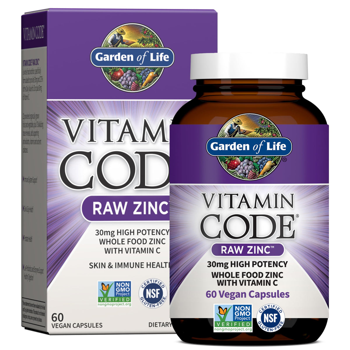 Garden of Life Vitamin Code Raw Zinc bottle, showing vegan capsules for immune support.