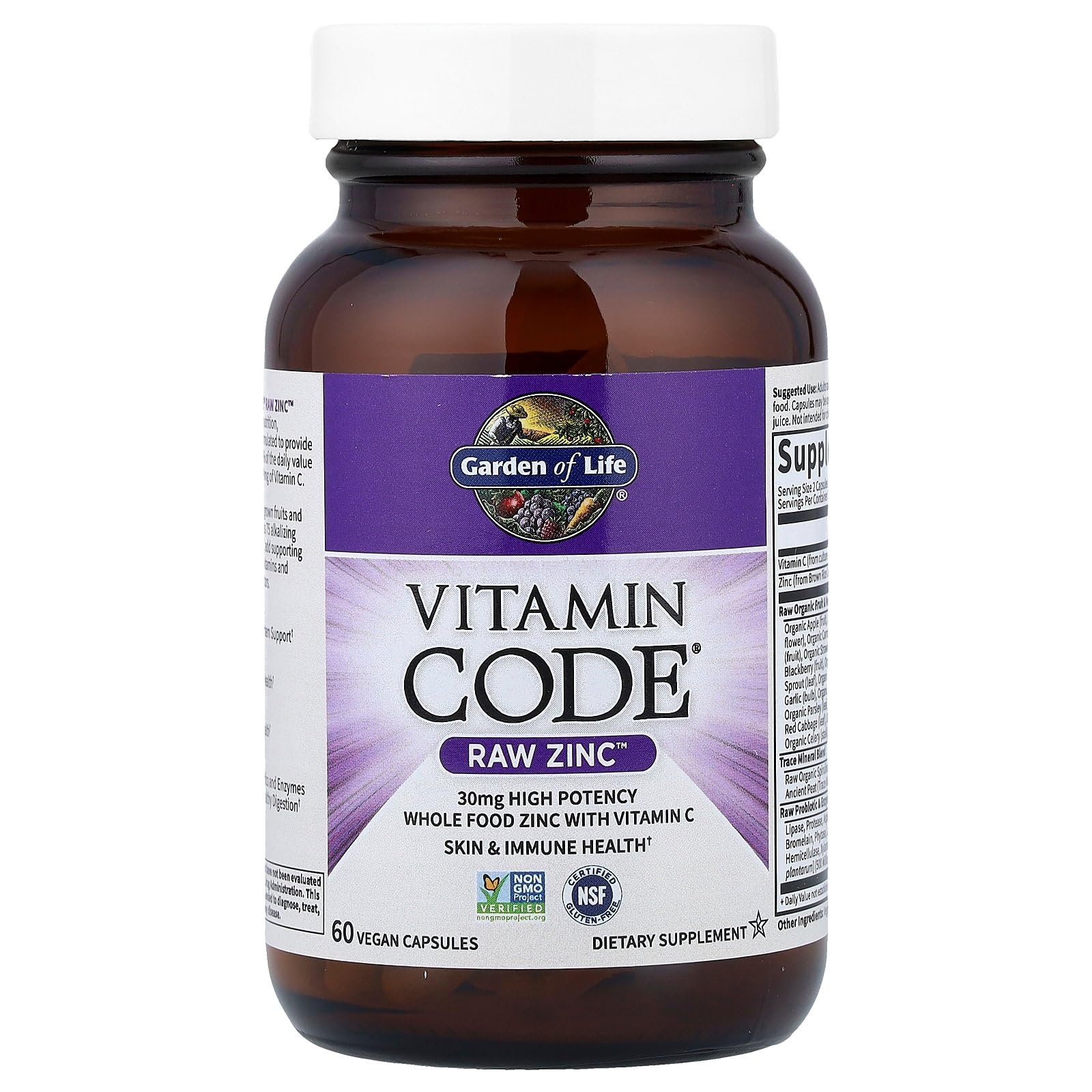 Label detail highlighting 30mg zinc and 60mg vitamin C per serving.