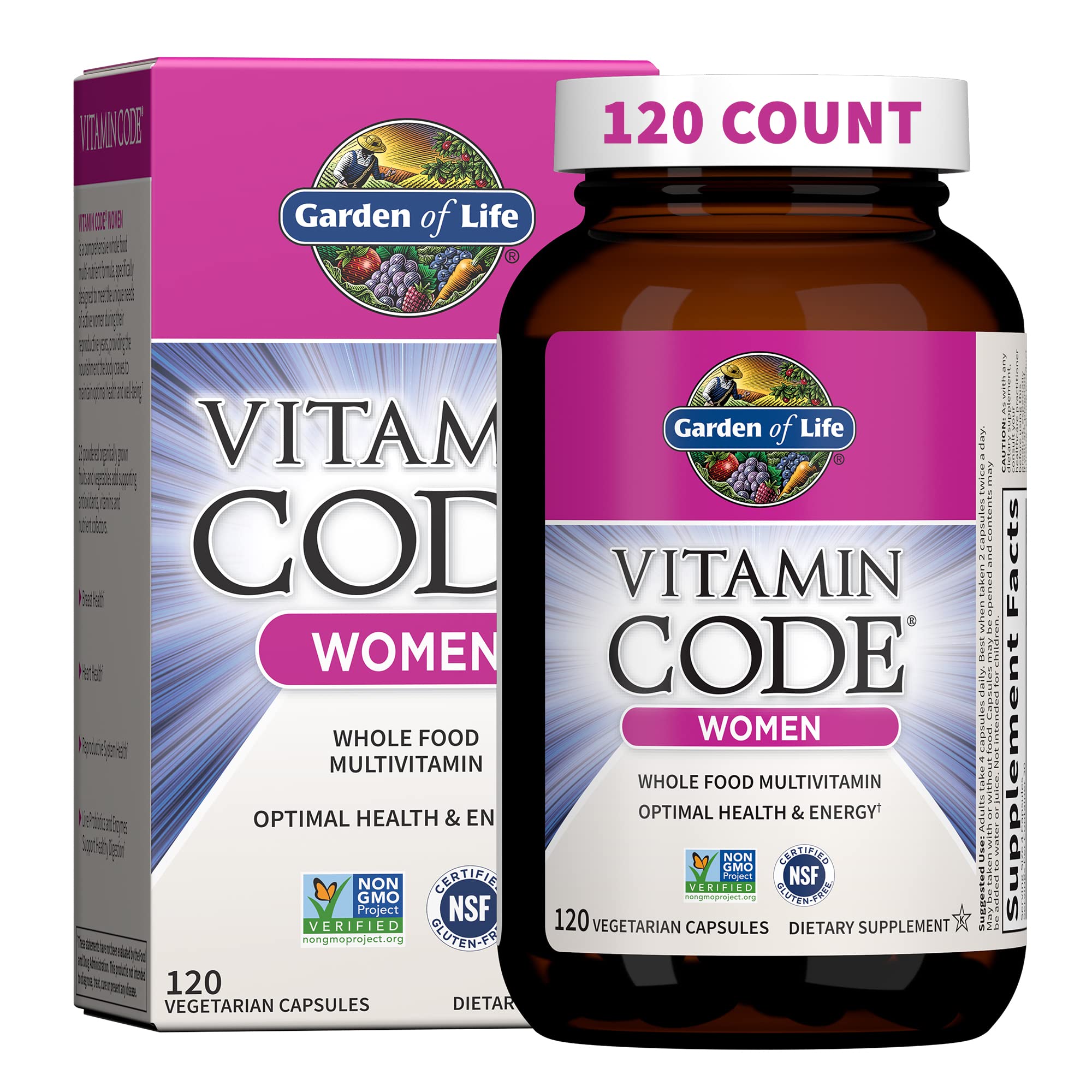 Garden of Life Vitamin Code Women bottle cap close-up highlights whole-food nutrients for daily energy support