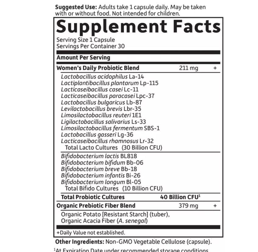 Garden of Life Women's Daily Probiotics label close-up highlighting eight strains