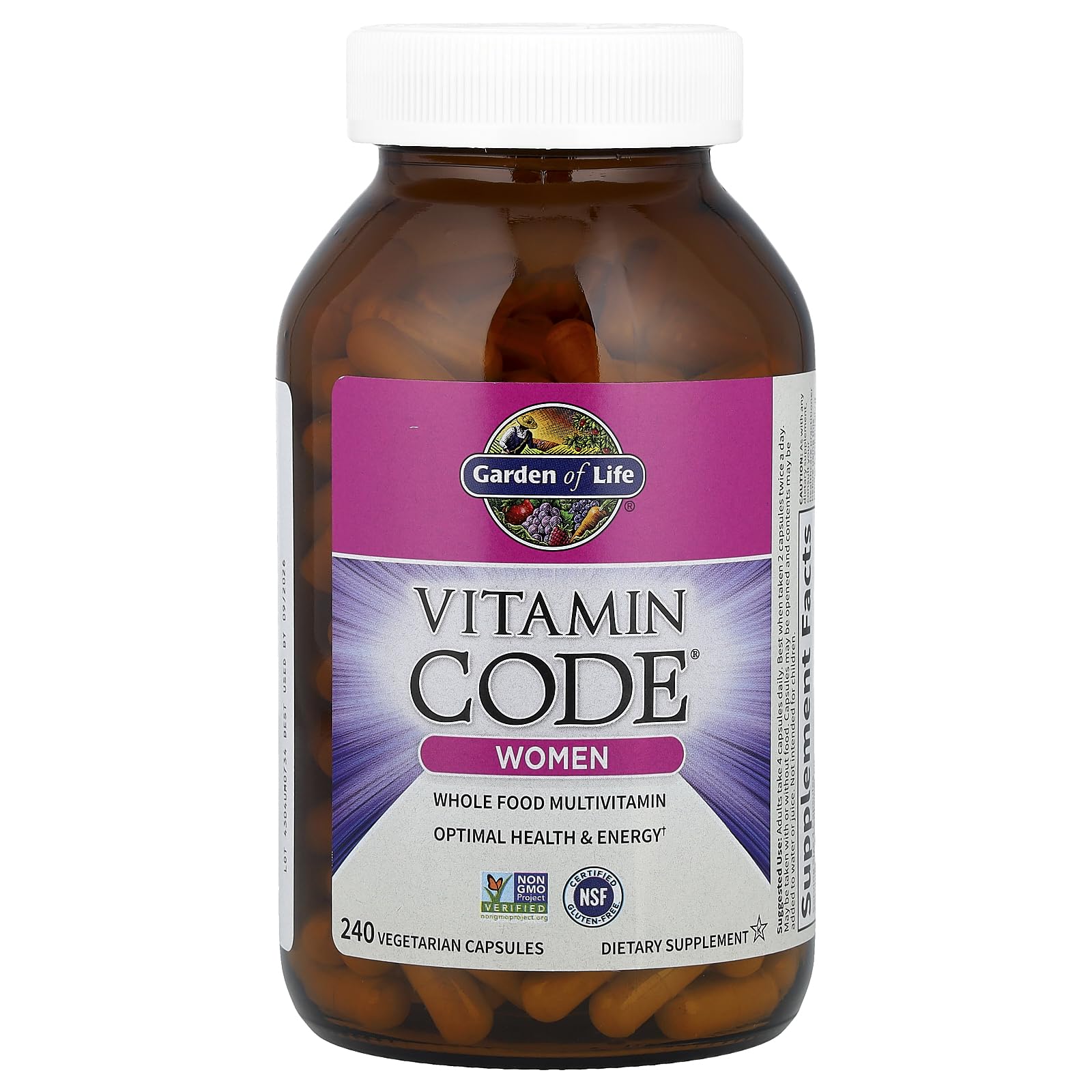 Garden of Life Vitamin Code Women label close-up highlighting 100% DV vitamins and whole-food ingredients.