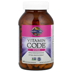 Garden of Life Vitamin Code Women label close-up highlighting 100% DV vitamins and whole-food ingredients.