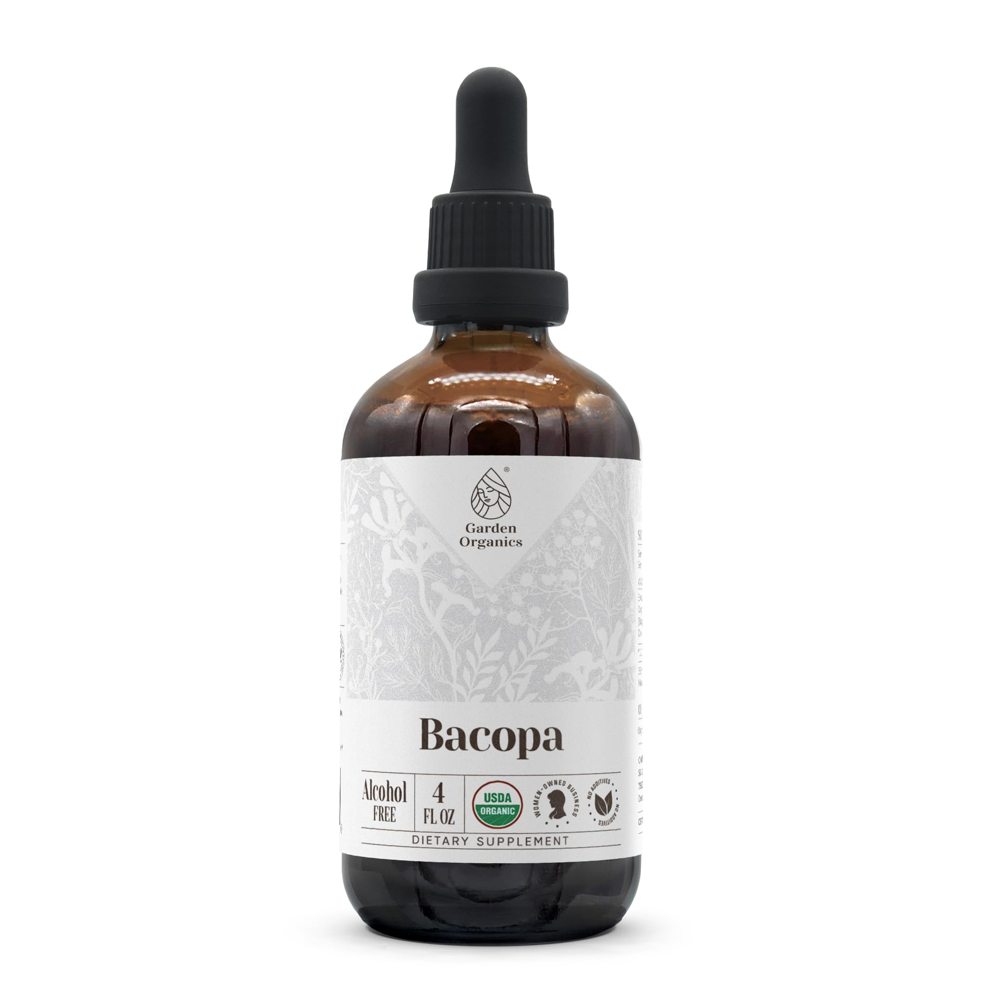 Garden Organics Bacopa bottle label highlights organic tincture for cognitive clarity