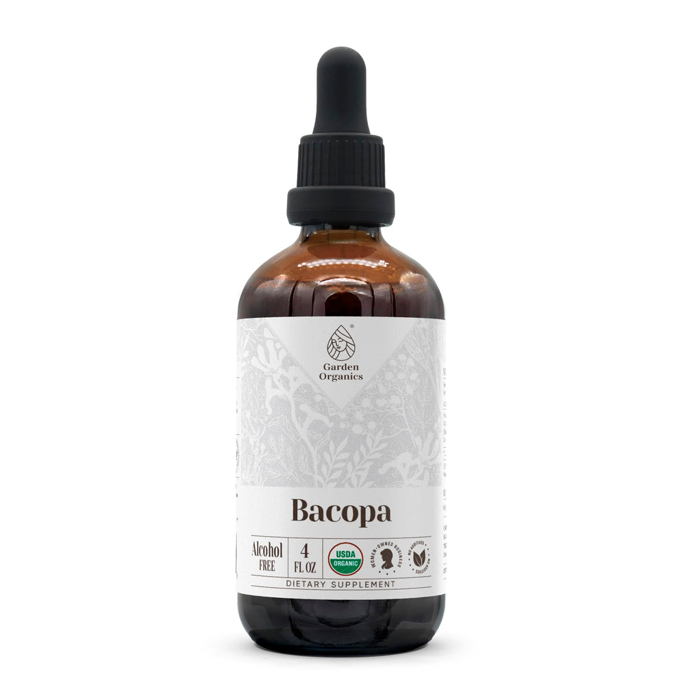 Garden Organics Bacopa bottle label highlights organic tincture for cognitive clarity