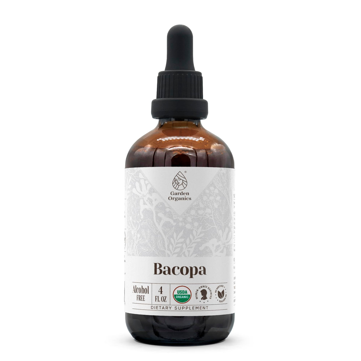 Garden Organics Bacopa bottle label highlights organic tincture for cognitive clarity