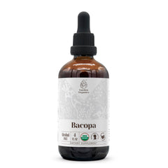 Garden Organics Bacopa bottle label highlights organic tincture for cognitive clarity