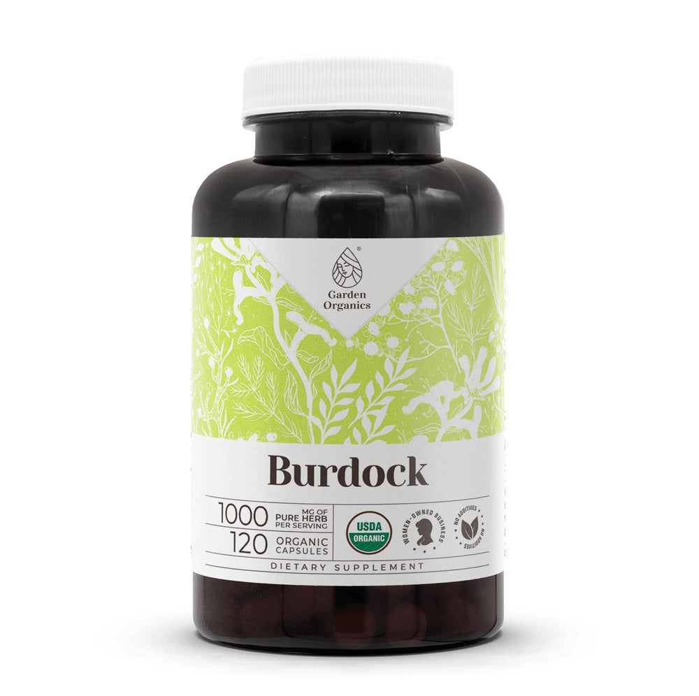 Garden Organics Burdock dried root capsules bottle for daily wellness support
